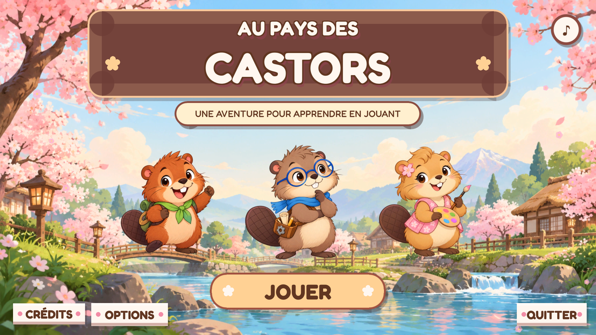 Les trois castors devant un village au bord de la rivière